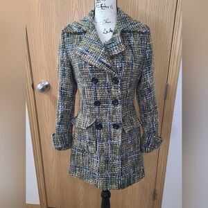Blue Green Twill Tweed Plaid Preppy Double Breasted Button Pea Coat Fall